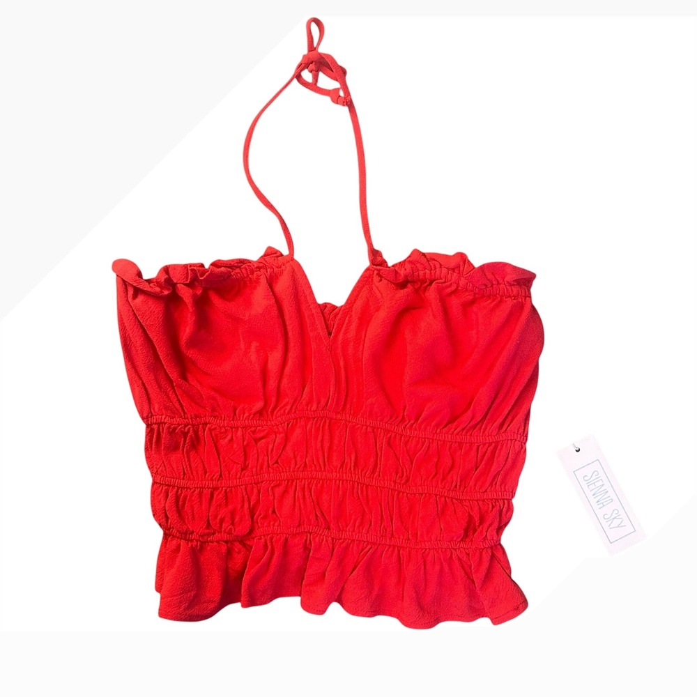 NWT Sienna Sky Red Halter Top Smocked Ruffle Trim Sleeveless Party Blouse Size L